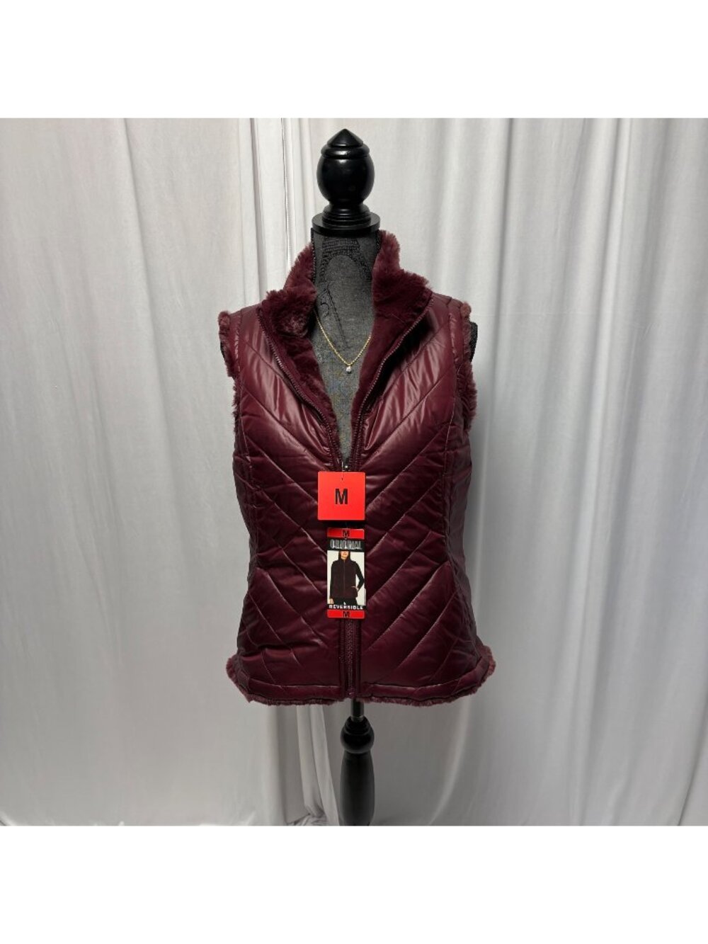 Nicole Miller Reversible Quilted Faux Fur Vest Womens Size Medium Wine NEW